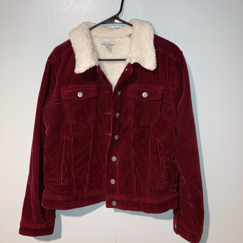 Fluffy inside red denim jacket